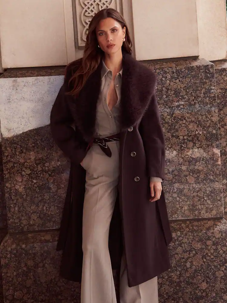 Lipsy Plum Fur Collar Longline Belted Coat
